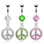 Rhinestone Full Paved Peace Symbol Dangle Belly Button Navel Ring