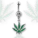 Marijuana Weed Green Pot Leaf Flower Sexy 14g Steel 3/8" Post Dangle Belly Button Ring Navel Piercing Barbell Curve