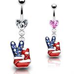 USA American Flag Peace Finger Hand Sign Symbol 14g Steel 3/8" Post Belly Button Ring Navel Piercing Barbell Curve- Pink or Clear Heart Shape CZ Stone